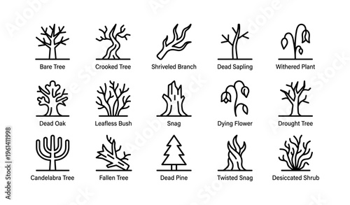 Collection of minimalist tree and plant line icons depicting decay and death