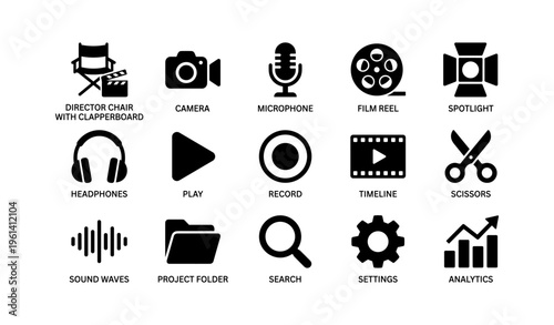 Film production icons: chair, camera, microphone, film reel, spotlight