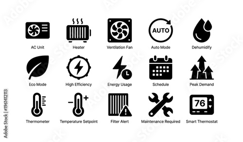 Smart hvac system icons: efficient climate control and maintenance symbols