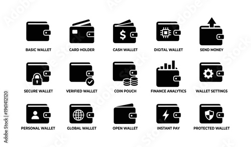 Set of wallet icons: basic, digital, finance analytics, secure, global, personal