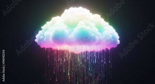A digital rendering of a fluffy cloud emitting a vibrant, rainbow-colored rain effect