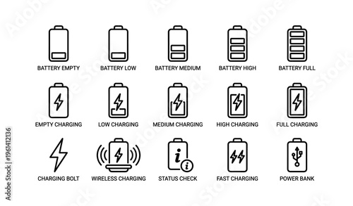 Charging status icons: battery levels and charging indicators