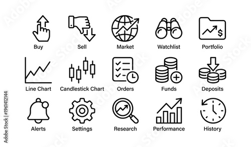 Financial icons set: market, trading, portfolio, analysis, management