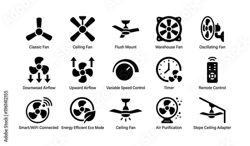 Icons of ceiling fan types and features with controls and modes