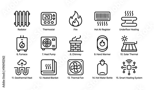 Heating and thermal icons: radiator, thermostat, fire, heat pump, smart system