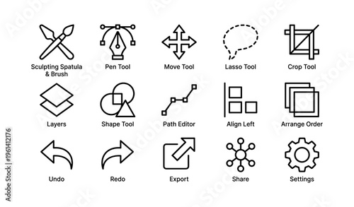 Vector design tools icons: sculpt, pen, lasso, crop, layers, shape, path, align, arrange