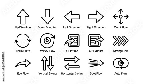 Airflow direction icons: arrows, eco, vortex, recirculate, omni flow