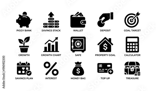 Financial icons including piggy bank, wallet, savings, growth, and goal target symbols