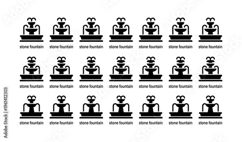Repeated stone fountain icons pattern in black and white on white background