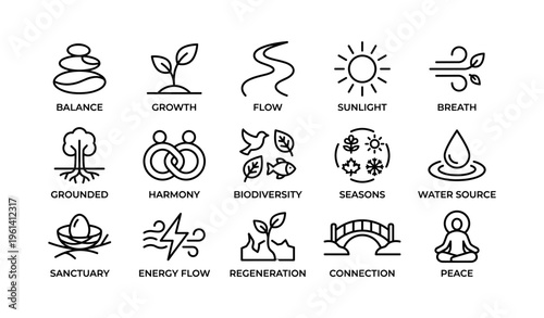 Simple icon set representing balance, growth, and connection with nature and energy concepts