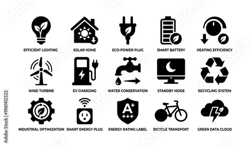 Renewable energy and sustainability icons: efficient lighting, solar home, smart battery