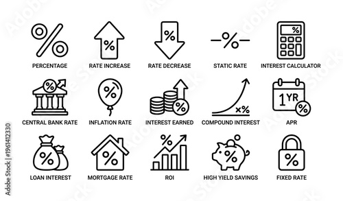 Finance icons set: percentage, interest, mortgage, savings, and investment symbols