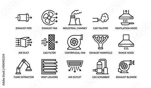 Industrial ventilation and exhaust system components icons set