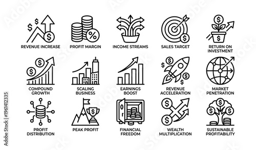 Financial growth icons: revenue, profit, investment, business strategy symbols