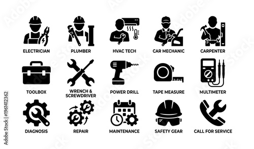 Various trades and tools icons including electrician, plumber, carpenter, mechanic, hvac tech
