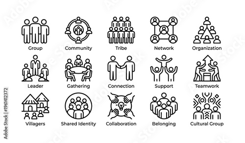 Black and white icons representing group dynamics and community interaction