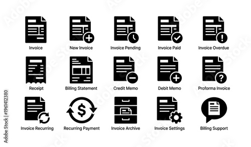 Black icon set representing invoices, receipts, and billing statements