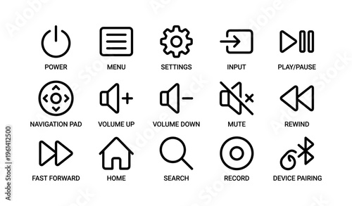 Remote control icon set with power menu settings features
