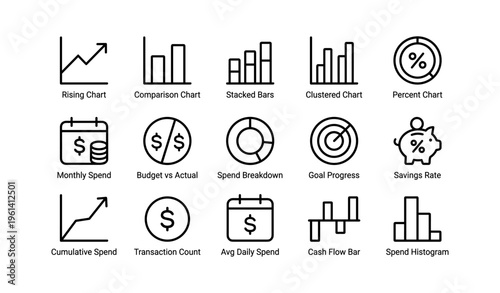Chart icons: rising, comparison, stacked bars, clustered, percent, budget, transaction, histogram