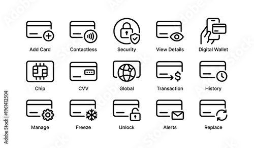 Digital wallet and security icons for contactless transactions and card management