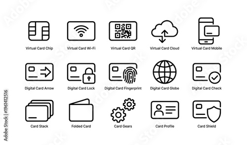 Digital card icons: unlocking, wi-fi, qr, security, cloud, mobile, global connectivity