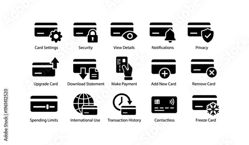 Credit card icon set for security, payment, and financial management
