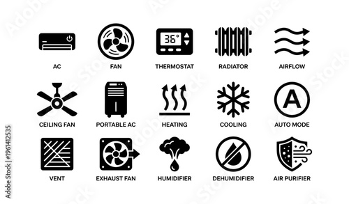 Icons of hvac components: ac, fan, thermostat, radiator, airflow, and more