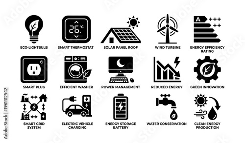 Eco-friendly technology icons for sustainable living and renewable energy solutions