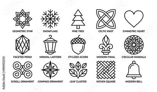 Geometric and traditional symbols: star, knot, mandala, heart, ornament