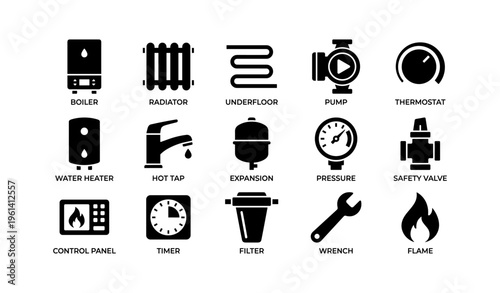 Icons of plumbing and heating systems: boiler, radiator, thermostat, valve, wrench