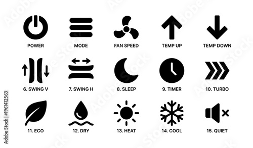 Universal air conditioner remote control icons for settings and modes