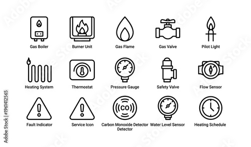 Gas heating system icons: boiler, flame, valve, thermostat, sensor