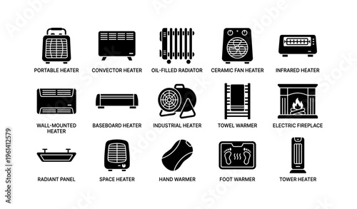Types of heaters: portable, convector, oil-filled, ceramic, infrared, wall-mounted, baseboard, industrial, towel, electric fireplace, radiant, space, hand, foot, tower