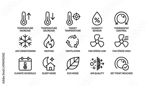 Smart home climate control icons for temperature, humidity, and air quality management
