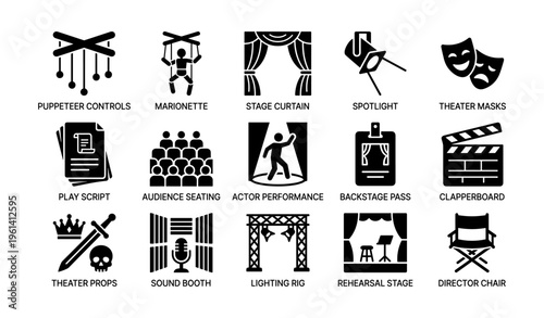 Theater icons: puppetry, stagecraft, and performance elements illustrated