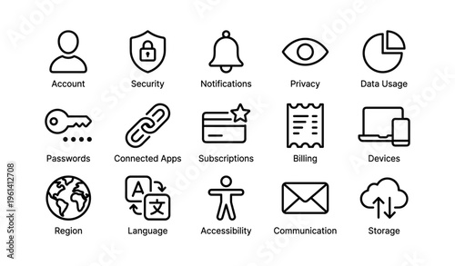 Technology icons for account security, notifications, privacy, and data management
