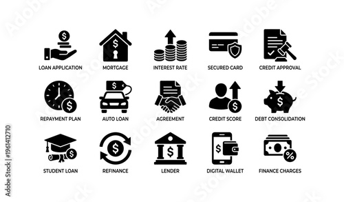 Financial icons set featuring loan, mortgage, and banking symbols