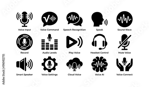 Voice technology icons for input, recognition, and ai applications