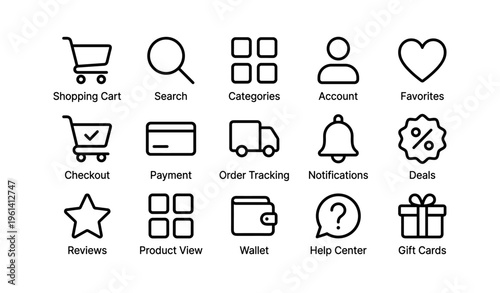 Set of editable shopping and user interface icons for e-commerce platforms
