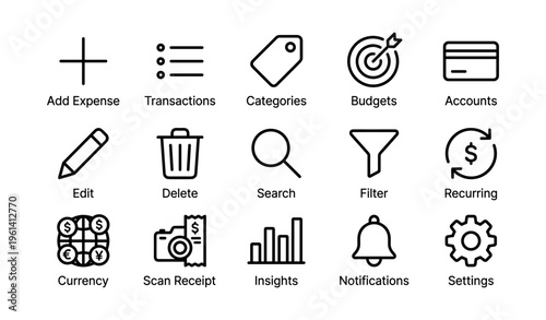 Financial management icons: expense, transactions, budget, accounts, currency