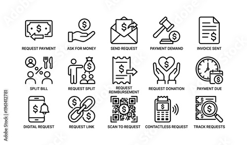 Icon set for payment and financial requests with various transaction symbols