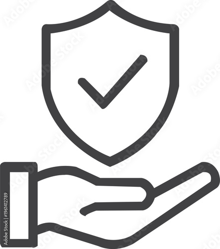  Modern minimalist line icon of a hand presenting a shield with a checkmark symbol.