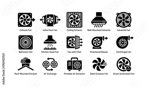 Set of various industrial and home exhaust fan icons