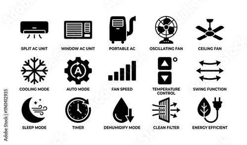 Air conditioning and fan icon set featuring modes and functions