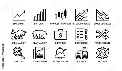 Financial icons set: line, bar, candlestick charts, bull and bear markets, portfolio, analysis