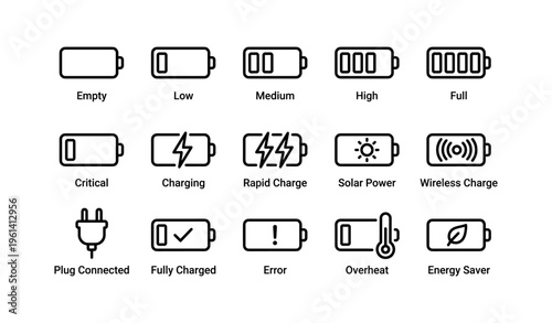 Battery icon set: charging levels, power sources, and error indicators