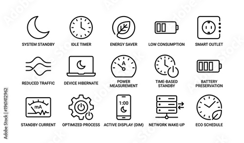 Energy efficiency icons: system standby, idle timer, energy saver, low consumption, smart outlet