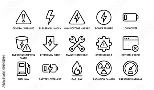 Warning and alert icons: electrical, system, radiation, fuel, gas, battery