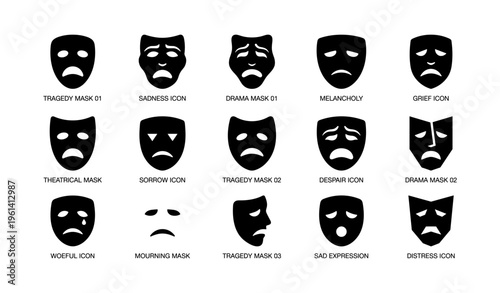 Set of theatrical masks icons depicting tragedy and sadness emotions in black silhouette