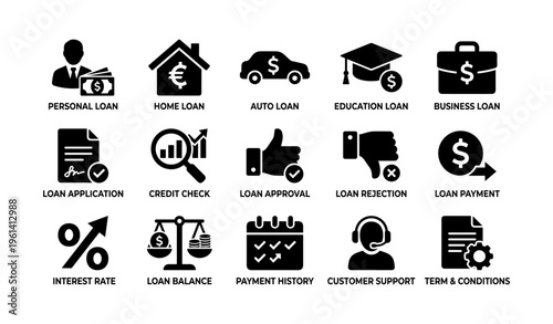 Icons representing financial services and loan concepts in black and white